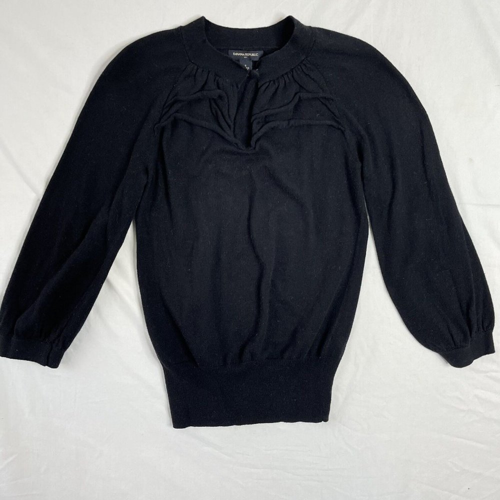 Banana Republic Ruffle Sweater Womens Size S Silk Cotton Nylon Black Lantern Slv
